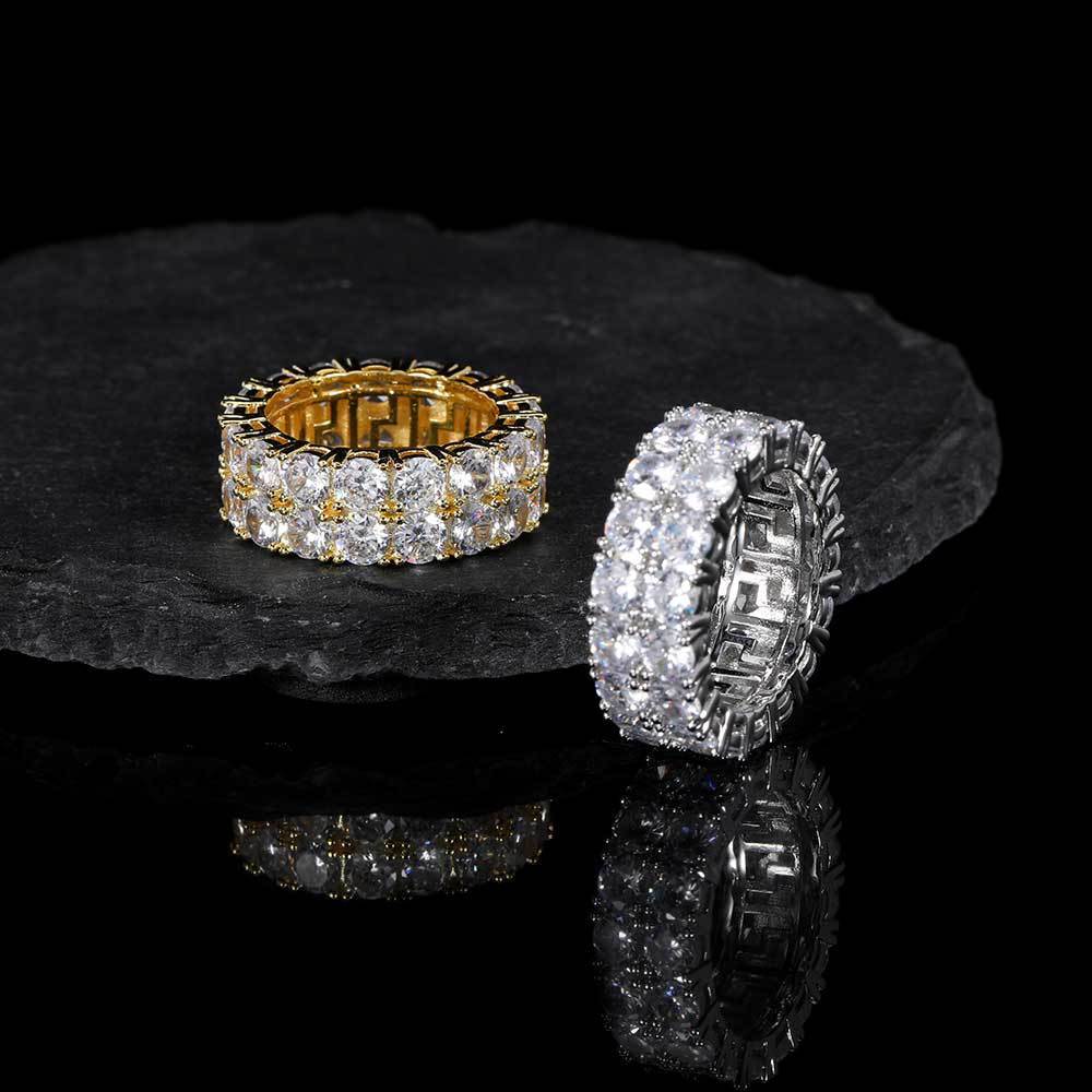 Double Row Diamond Ring Gold Plated Copper Jewelry Geometric Design Hip Hop Style Inlaid Zircon Radiant Zircon