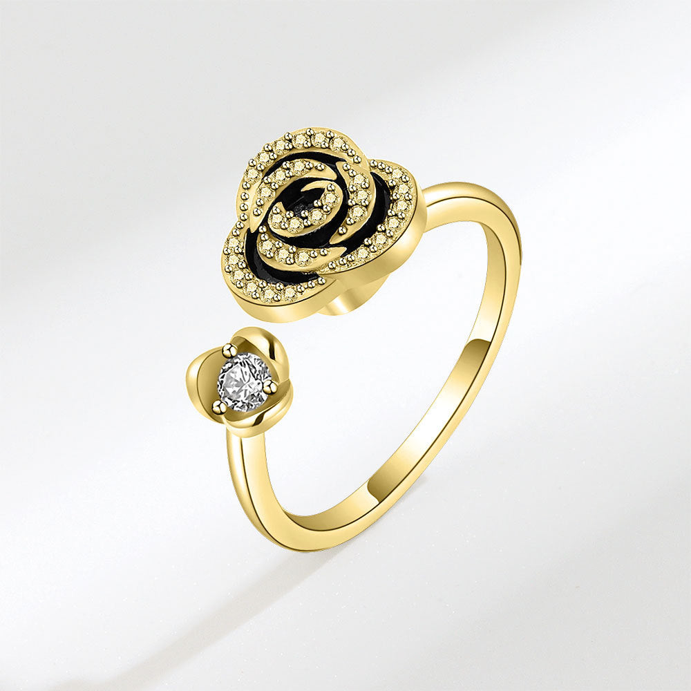 Women Adjustable Opening Ring With Rotating Rose Flower Design Copper Ring With Zircon Floral Geometry Collection