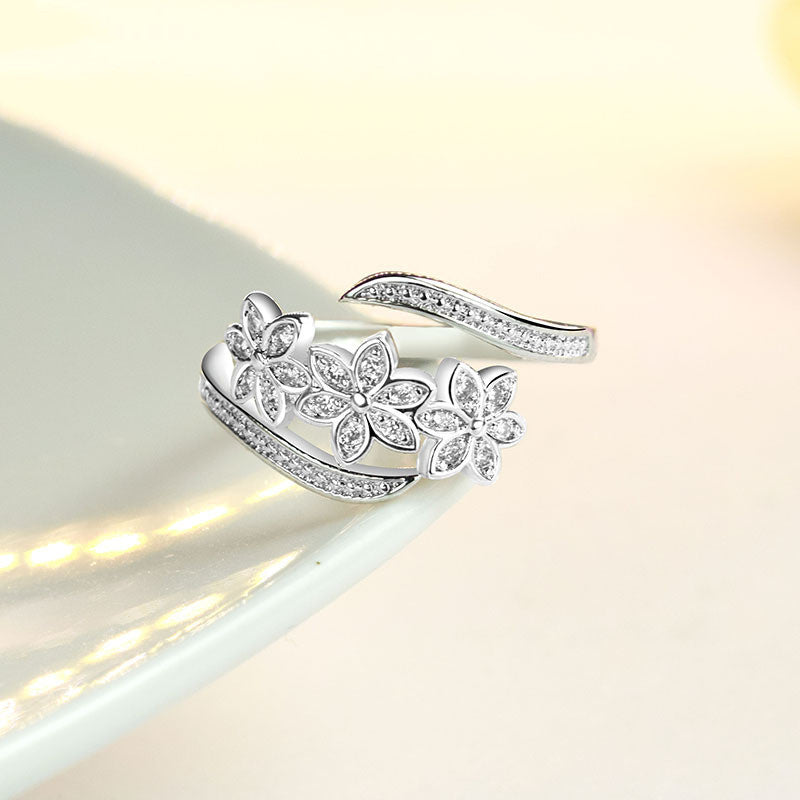 Floral Silver Ring Set With Zircon Diamonds Tricolor Electroplated Copper Ring Jewelry For Women And Girls Chic
