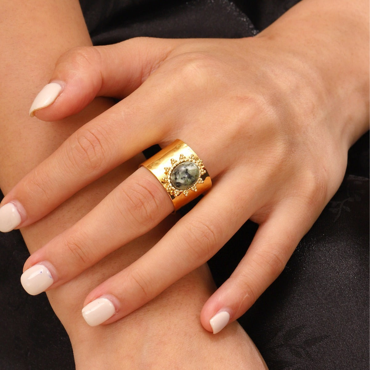 Womens Natural Stone Ring Gemstone Stainless Steel Jewelry Elegant Round Cut Durable Versatile Accessory Everyday Wear