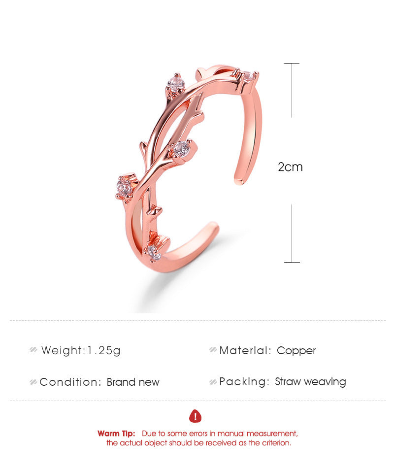 Electroplated Copper Ring With Natural Branch Design And Diamond Accents For Women And Girls Elegant Gift Idea