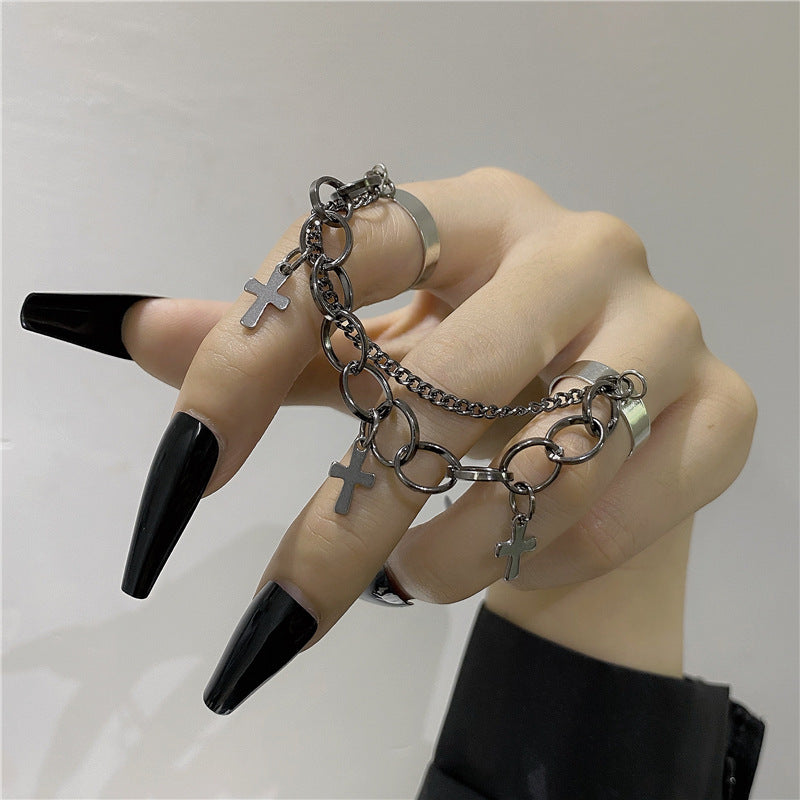 Womens Alloy Cross Ring Set Punk Hip Hop Chain Accessory