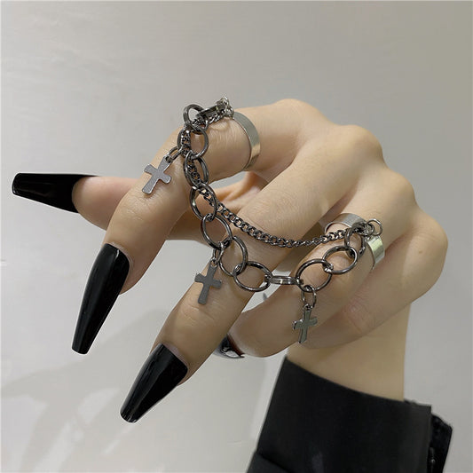 Womens Alloy Cross Ring Set Punk Hip Hop Chain Accessory