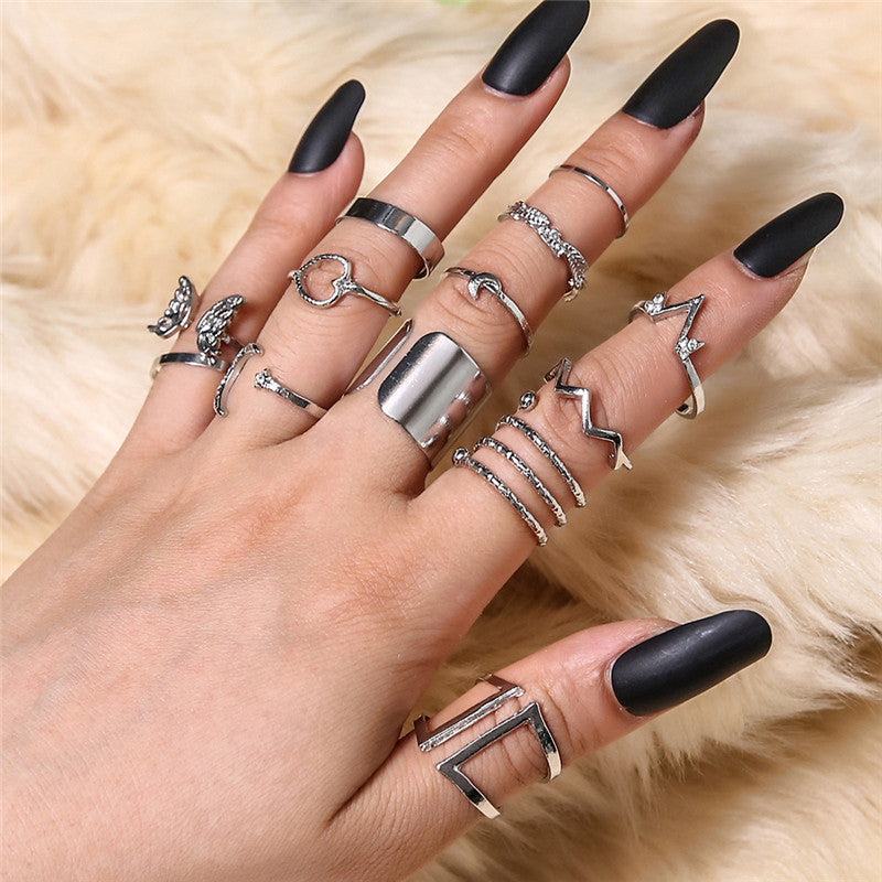 Women Alloy Ring Set 13 Pcs Geometric Diamond Butterfly Love Rings Electroplated European Style Jewelry Collection