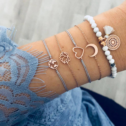 Gold Bracelet Set Five Piece Hand Woven Moon Earth Lotus Peach Heart Charms Adjustable Length 17cm 18cm Tail 5cm