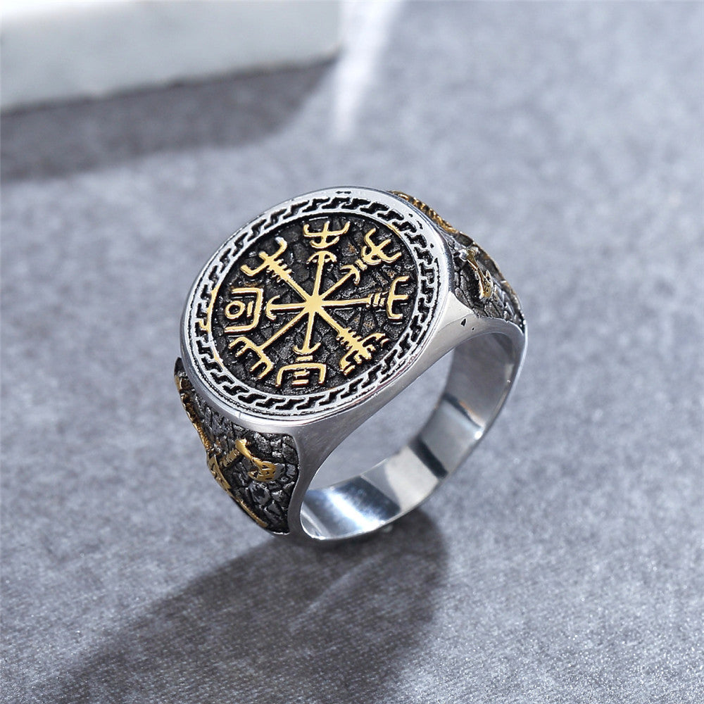 Scandinavian Viking Axe Totem Mens Titanium Ring Electroplated Steel And Gold Fashion Jewelry Accessory Statement