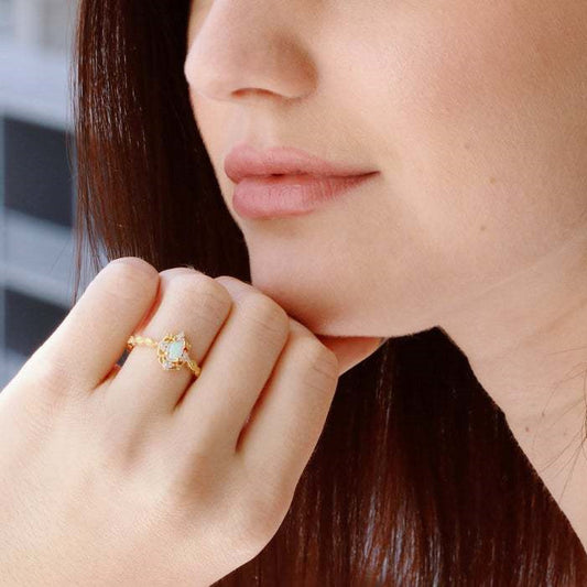 Women Vintage Openwork Opal Ring Retro Geometric Alloy Fashion Ring Electroplated Gold Silver Rose GoldWedding