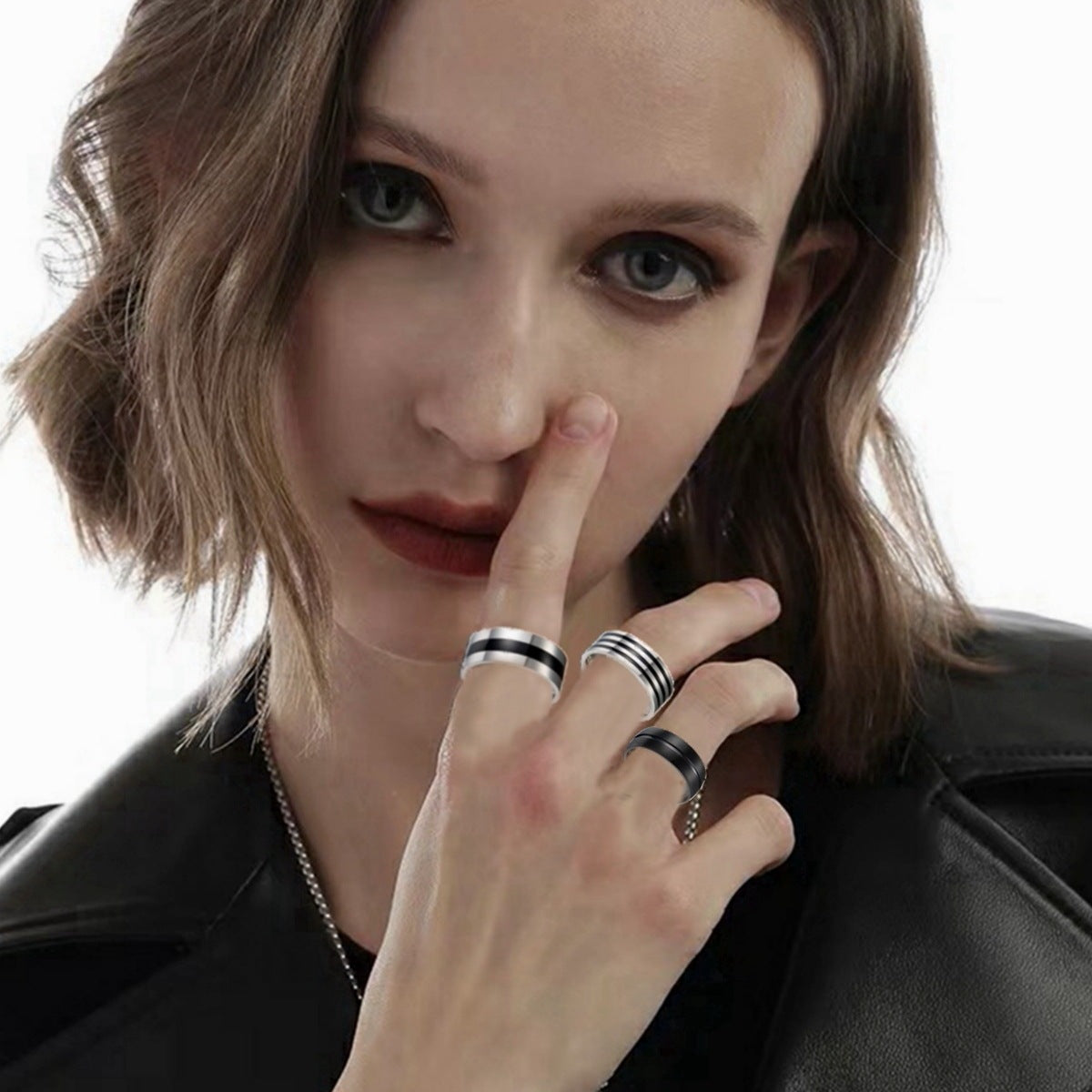 Stainless Steel Oil Dropping Ring Set 8mm Width Electroplated Fashion Accessory Durable Versatile Three Piece Rings