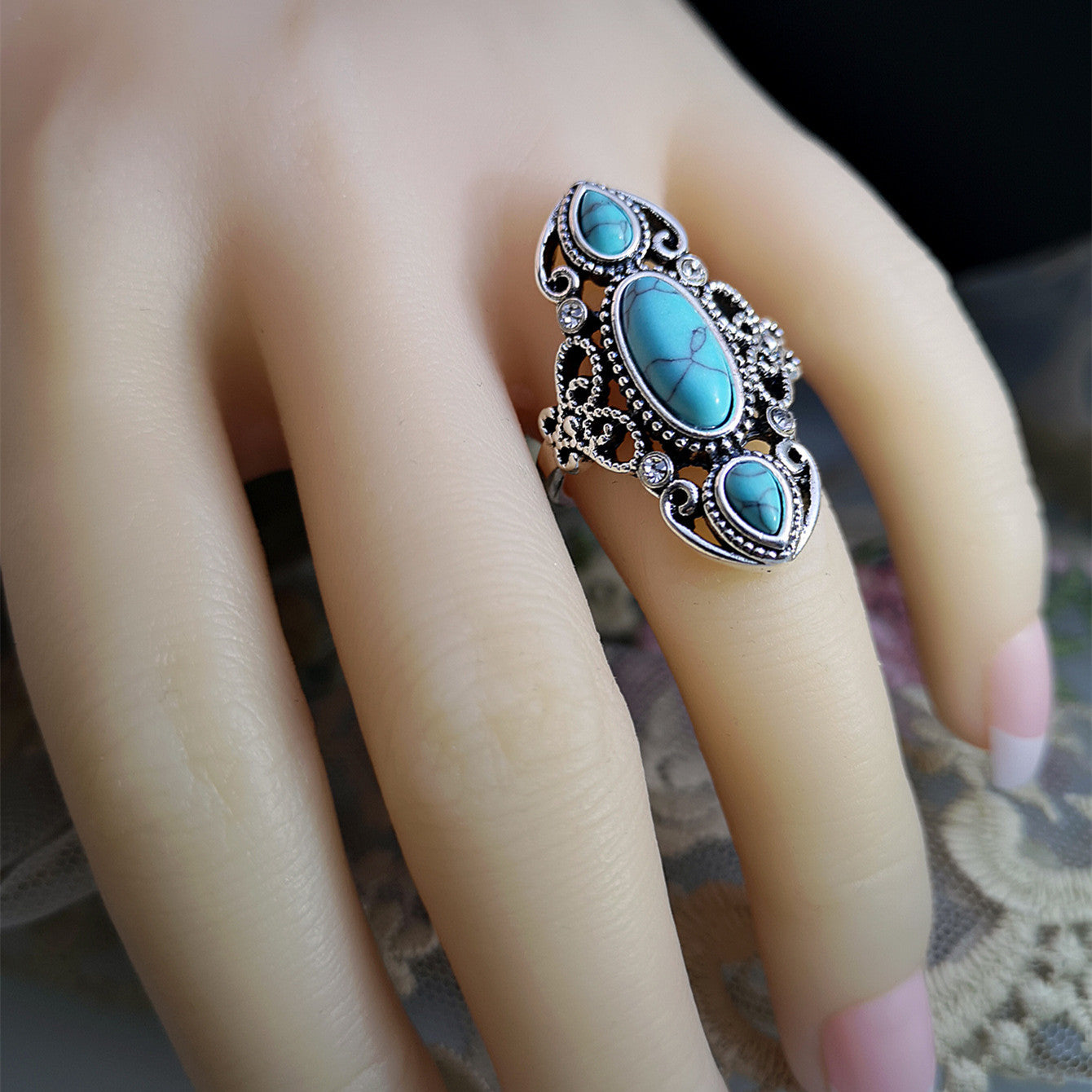 Silver Openwork Turquoise And Lapis Lazuli Rings Vintage Carved Geometric Design For Ladies Everyday Accessory