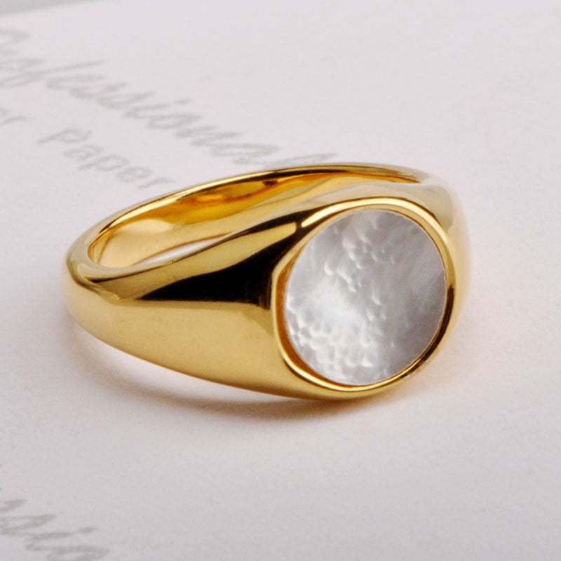 Geometric Titanium Steel Ring with Round White Mother of Pearl Shell for Women Elegant Gold Tone Finish Styles