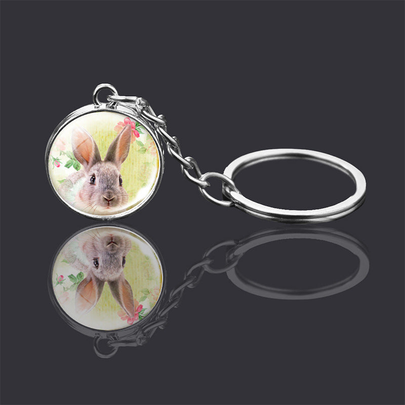 Animal Glass Ball Keychain Double Sided Key Ring With Metal Pendant For Unisex Donkey Rabbit Elephant Fox Bear