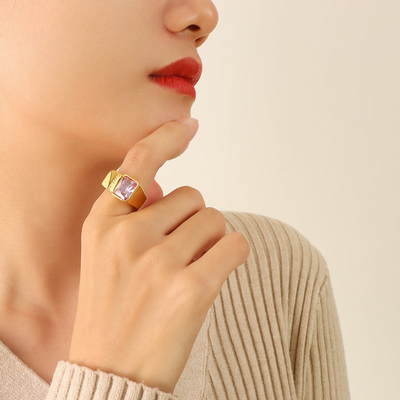 Womens Stainless Steel Zircon Inlaid Ring 18K Gold Plated Geometric Bohemian Retro Style Ring Vintage Trend Ring