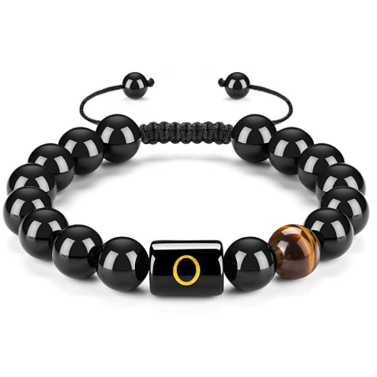 Mens Natural Black Agate 10mm Beads Handmade Initial Letter Bracelet Personalized Gift for Men Letter A Shape Letter