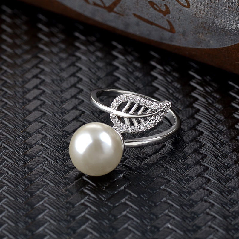 Pearl Ring Leaf Design Gold Plated Fashion Jewelry Korean Style Dainty Inlaid Gemstone Gleam For Everyday Wear