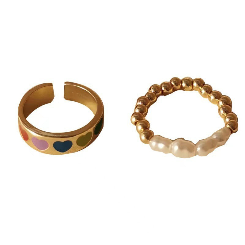 Women Heart Pearl Ring Geometric Style Adjustable Electroplated Alloy Jewelry For Women Korean Inspired Jewelry