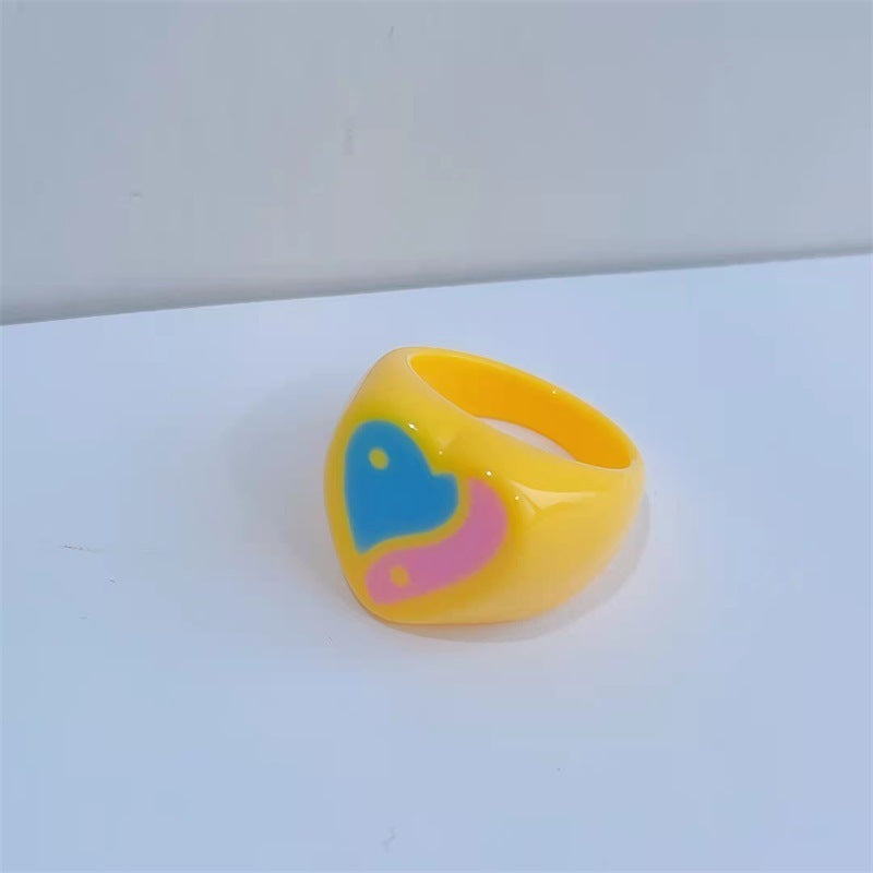 Geometric Resin Ring With Heart Eight Diagrams Design Fashion Ring 17mm Inner Diameter Yellow Red Purple Color