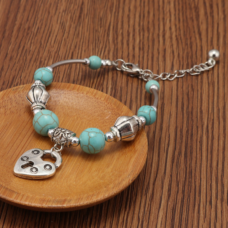 Womens Heart Lock Pendant Turquoise Beaded Bracelet Geometric Retro Style Green Fashion Jewelry Elegant Gift Idea