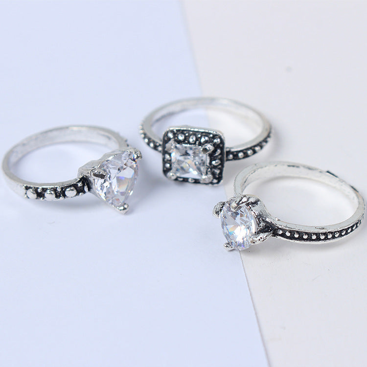 Heart Shaped Ring Set Retro Fashion Love Ring With Diamond Ancient Silver Finish Alloy Ring For Women For Ring