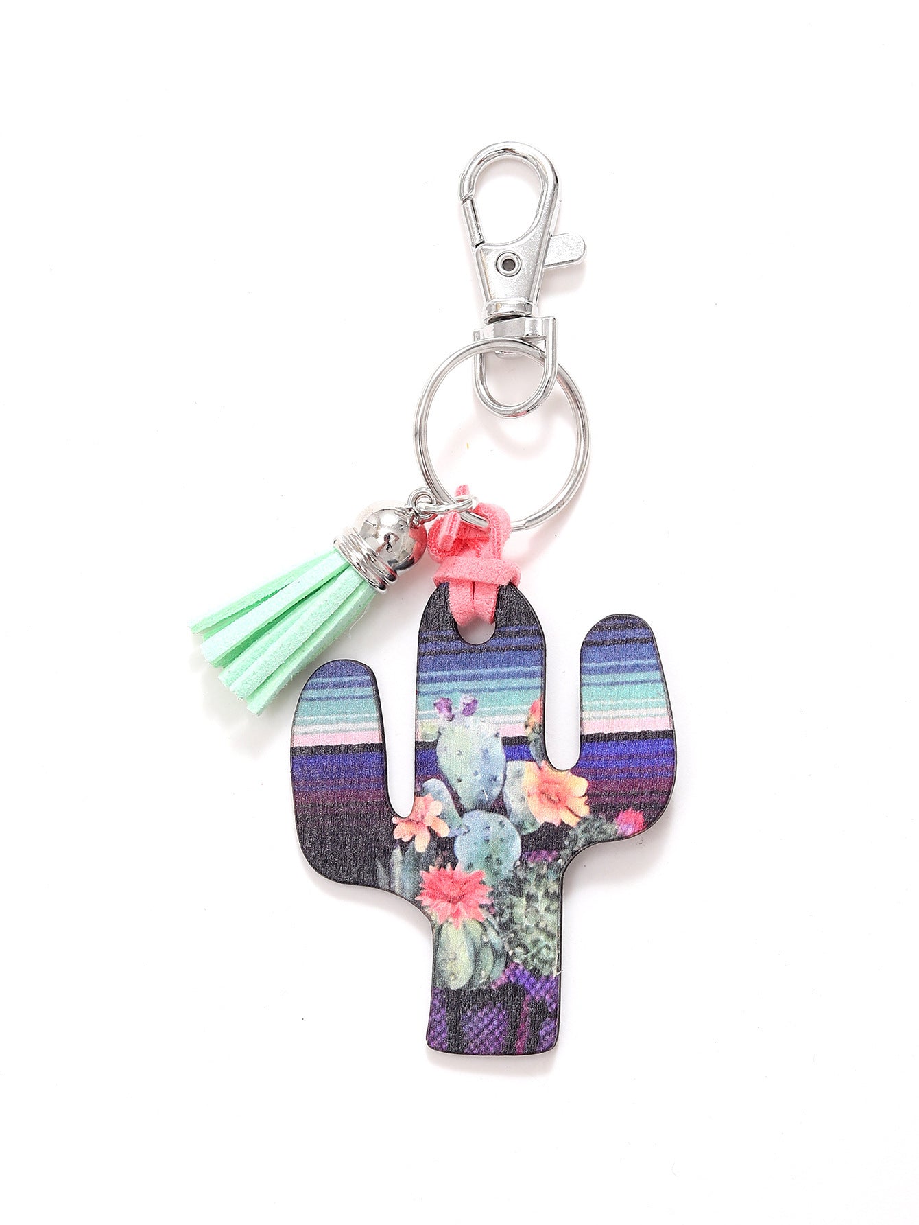 Gray Wooden Keychain Cactus Design With Leopard Flower Accent Durable Key Ring For Women And Girls Pretty Gift