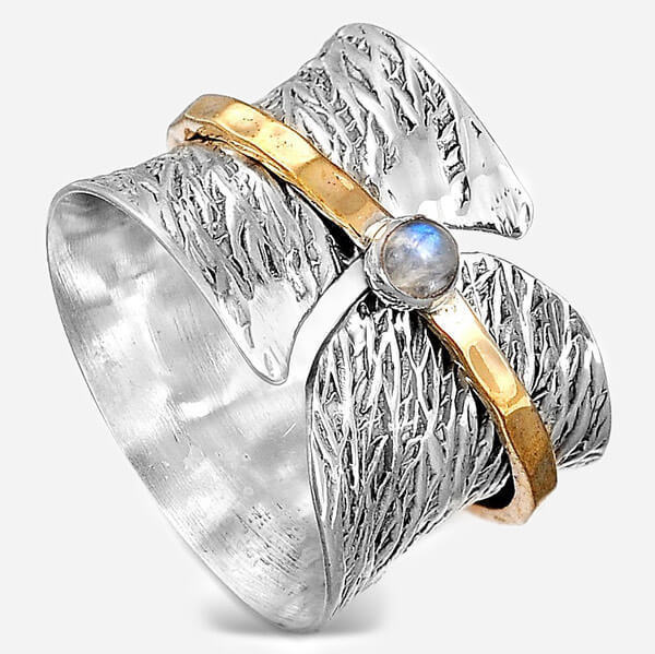 Two Tone Moonstone Ring Geometric Electroplated Alloy With Artificial Gemstones European Fashion Accessory Style