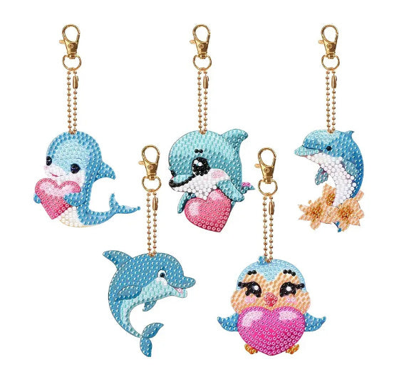 Diamond Painting Keychains Double Sided Cartoons Set Of Five DIY Art Craft Key Rings PP Made Of Sturdy Plastic