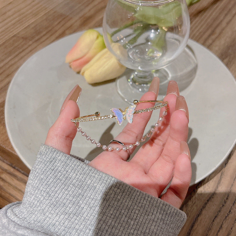 Womens Double Layer Butterfly Bracelet Copper Electroplated Gold Delicate Butterfly Charm Elegant Jewelry Gift For Her