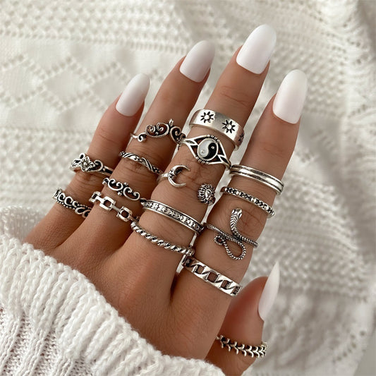 Women Ring Set 16 Piece Alloy Ring With Elephant Embossed Design Retro Trendy Hollow Snake Taichi Moon Knuckle