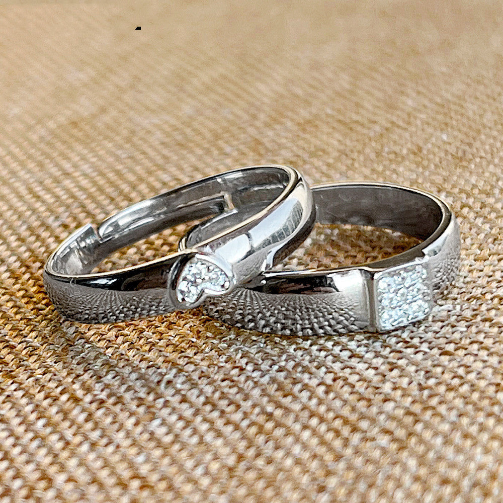 Couple Rings 925 Sterling Silver Heart Shaped Matching Bands European Design Gemstone Inlay Anniversary Couple