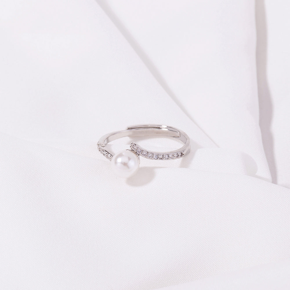 Adjustable Open Ring With Pearl And Zircon Copper Electroplated Jewelry For Women Elegant European Modern Style