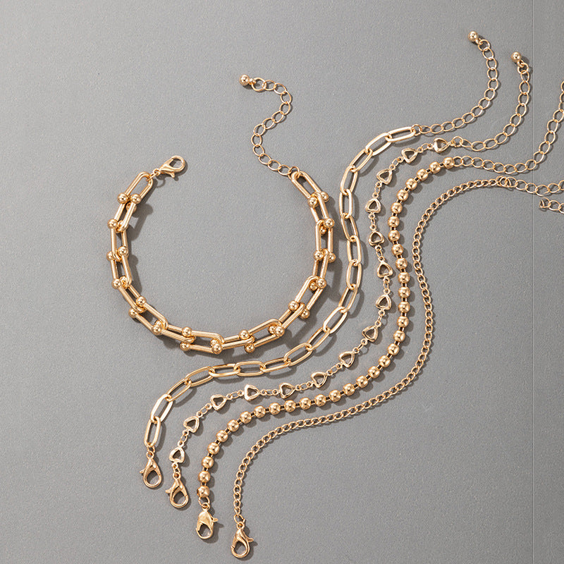 Women Trendy Alloy Bracelet Set European American Style Five Piece Jewelry For Her With Adjustable Links For Custom Fit