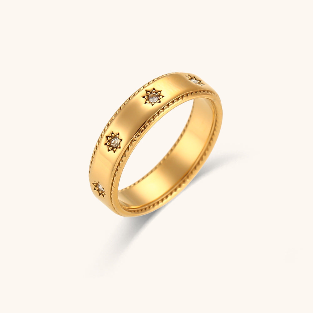 Women Stainless Steel Ring With Zircon Star Simple Fashion Plated 18K Gold European And American Shine Finish