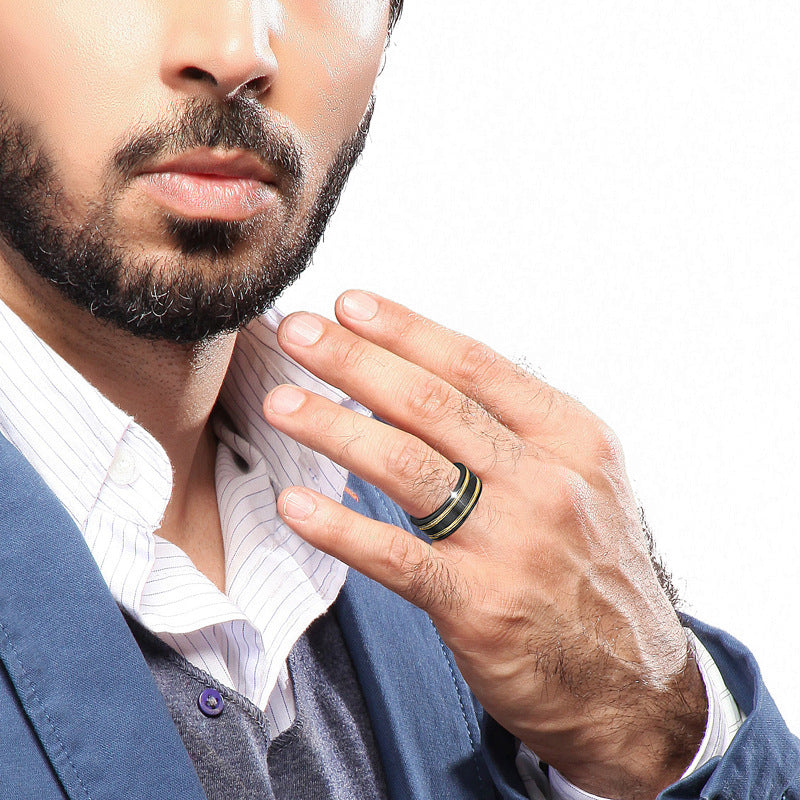Simple Stainless Steel Men's Ring Two Tone Gold Blue Black Finish European Style Versatile Everyday Wear Elite