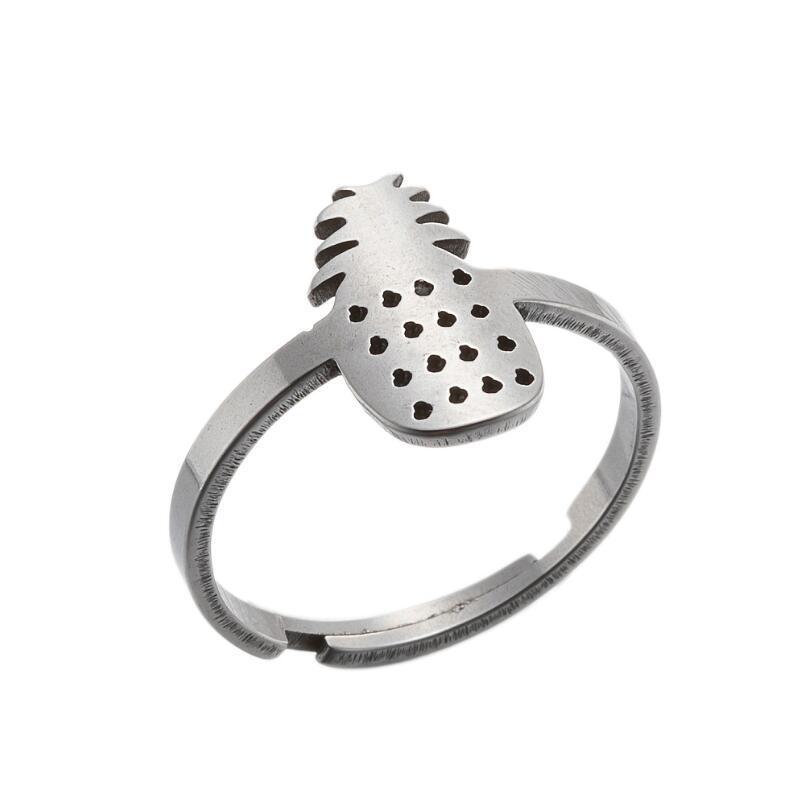 Stainless Steel Adjustable Ring Hollow Geometric Flower Design With Fruit Motif For Women Fashion Jewelry European Style