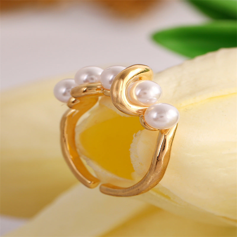 Copper Ring With Pearl Beads Adjustable Opening Geometric Wrap Design Electroplated Finish Jewelry Ring Styles
