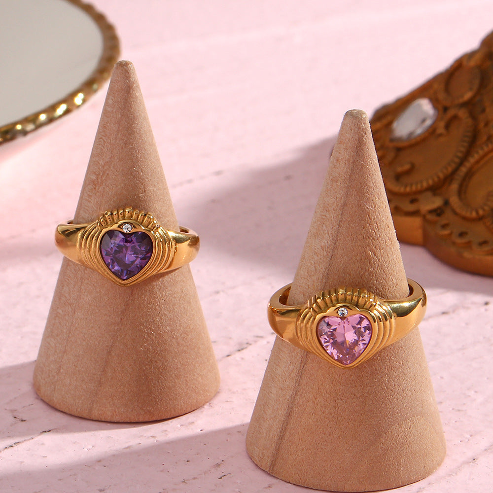 Stainless Steel Ring With 18K Gold Plated Crown And Loving Heart Zircon Ornament Jewelry Gift For Women Shines