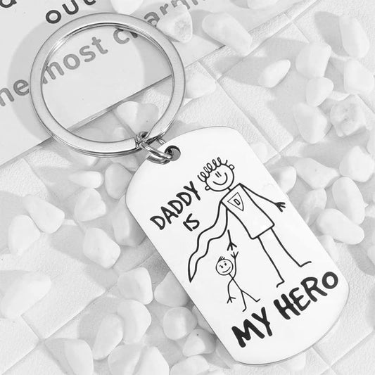 Daddy Is My Hero Keychain Stainless Steel Key Holder Cartoon Design Family Gift For Friends For Family Friends
