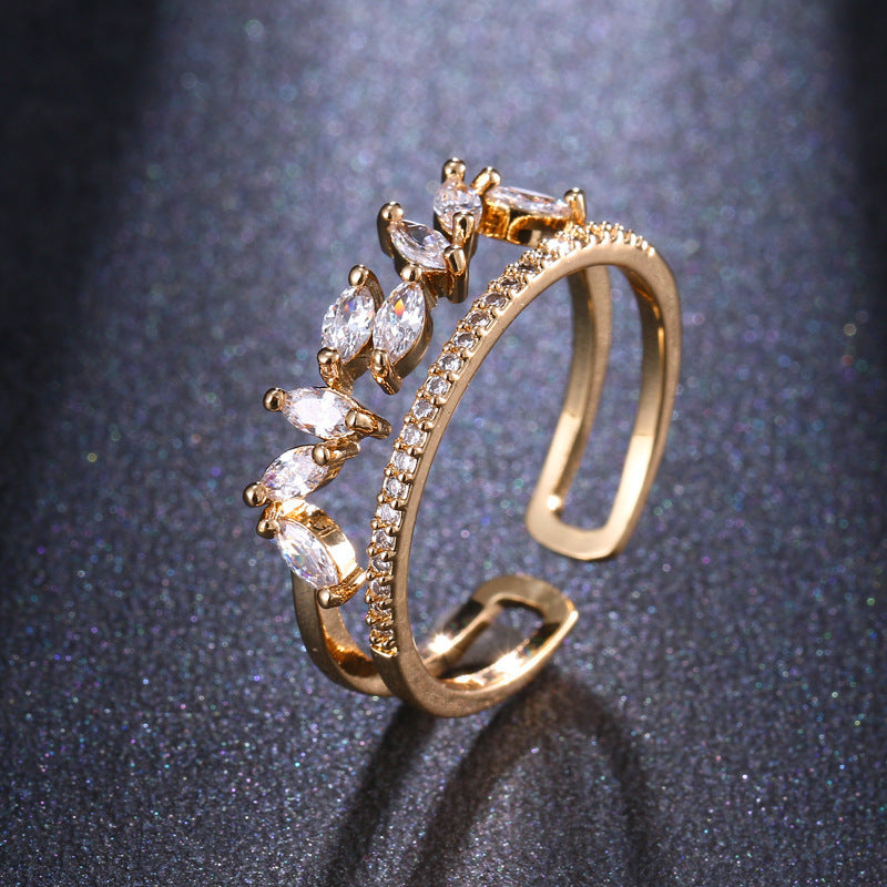 Women's Adjustable Ring Horse Eye Zircon Ring Electroplated Copper Open Ring Creative Geometric Fashion Ring Personality Messy Arrangement Ring Real Gold White