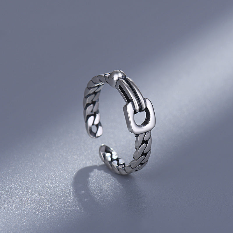 Sterling Silver Geometric Ring Adjustable Open Design Unisex Ring Electroplated Finish Vertebrae Twine Detailing Unique