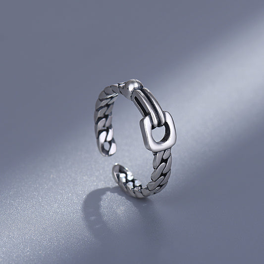 Sterling Silver Geometric Ring Adjustable Open Design Unisex Ring Electroplated Finish Vertebrae Twine Detailing Unique