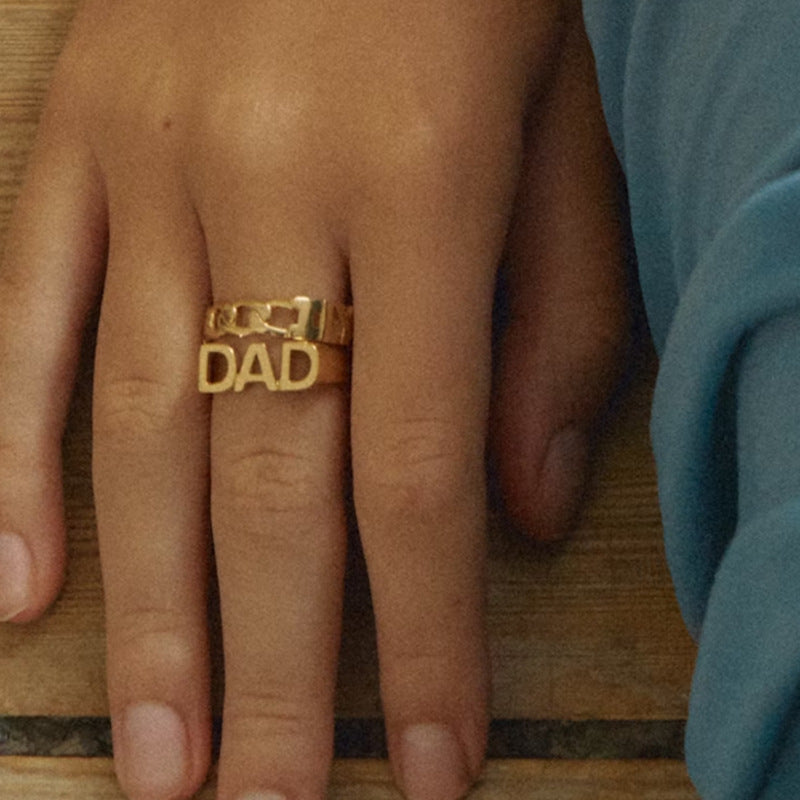 Women's Titanium Steel Ring with 18K Gold Plating Letter Seal Diamond Accent Geometric Ring Sports Ring for Her