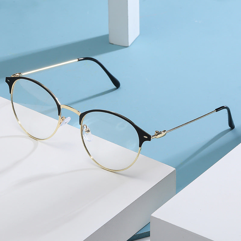 Retro Round Eyeglasses Metal Frame Full Frame Fashion Eyewear Classic Glasses For Square Faces Black Gold Silk