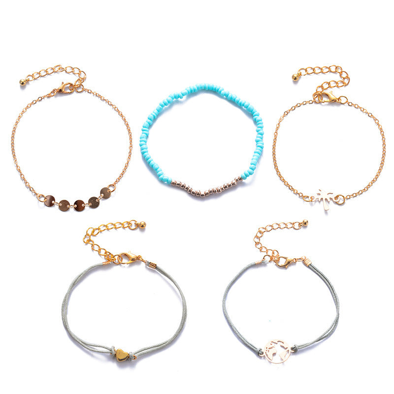 Womens Beaded Geometric Alloy Bracelet Set Five Piece With Electroplated Gold Finish And Coconut Tree Charm Pendant