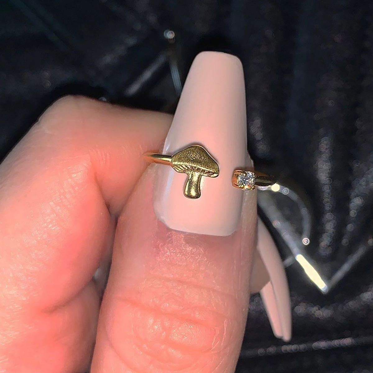 Womens Fashion Ring Elegant Alloy Rhinestone Ring with Small Mushroom Design Gold Finish White Daily Wear Look