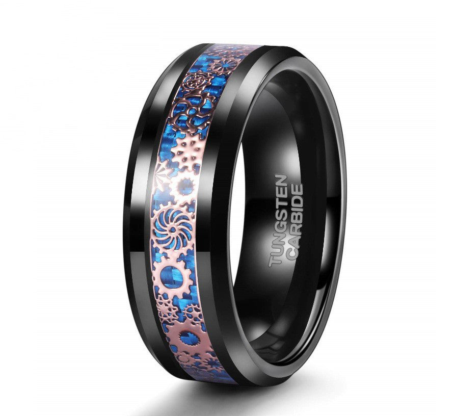 Mens Tungsten Ring With Blue Carbon Fiber Inlay And Gear Design Polished Metal Band Geometric Mesh 8mm For Men