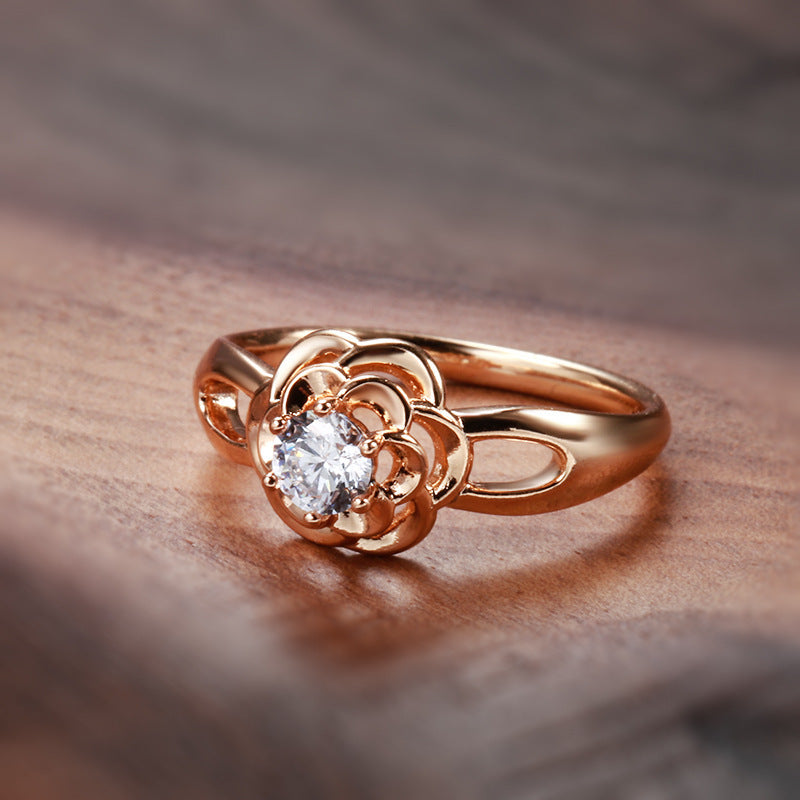 Womens Flower Ring Rose Gold Plated Copper Inlaid Gemstones Zircon Fashion Jewelry Flower Design Ring Size 6 7 8 9