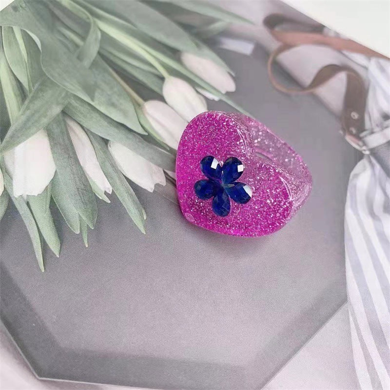 Womens Fashion Ring With Resin Flower Heart Design And Glitter Sequin Accents Rainbow Rings Quality Women Girl