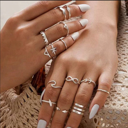 Silver Alloy Rings Set For Women And Girls Stylish Stacking And Layering Everyday Wear Jewelry Style Set Extra