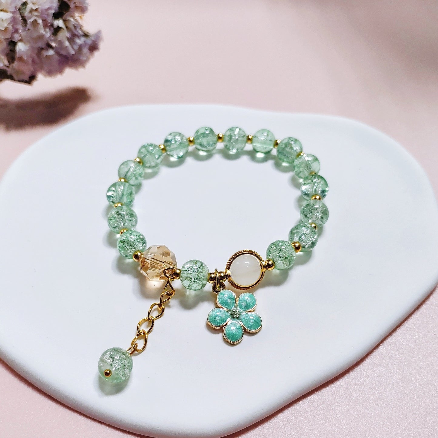 Unisex Glass Flower Bracelet With Tassel Beaded Accent Floral Design Cute Fun Jewelry Travel Keepsake For Everyday Use