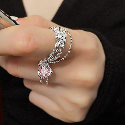 Womens Heart Ring Adjustable Thai Silver Plated Ring With Alloy Inlaid Gems Irregular Design Inner Diameter 1.6cm