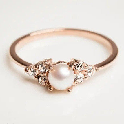 Women Pearl Ring 18K Rose Gold Plated Geometric Copper Ring Korean Fashion Jewelry Gift White Elegant Ringlets